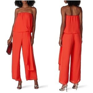 KRISA 70s Wide Leg Strapless Blousy Sash Tie Front Flowy Chiffon Jumpsuit S